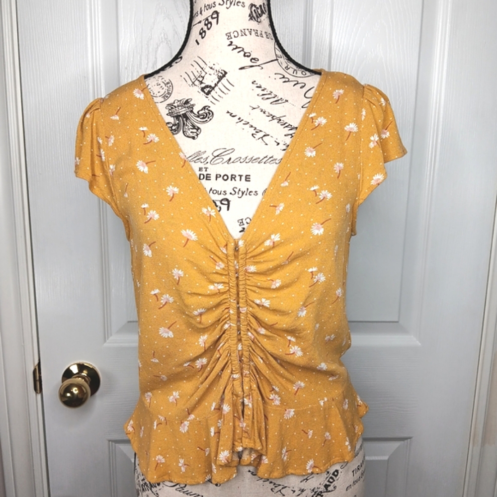American Eagle Women's Ruched Ruffle Hem Top Floral Yellow White Size XS